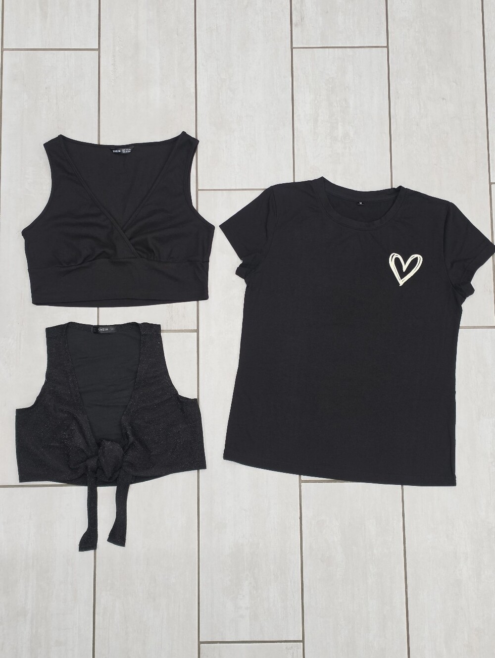 SHEIN 3 Top Bundle - Set of 3 Black (Crop, Tie-Front, Graphic) - Size Medium